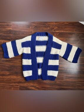 I Love Mr. Mittens Blue and Ivory Striped Blue Chunky Wool Knit Cardigan, OS